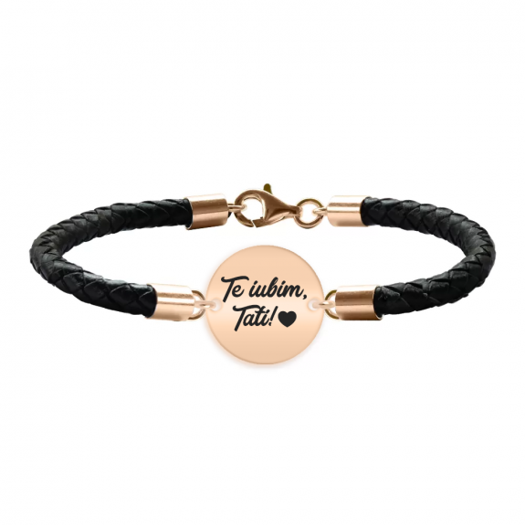 Bratara argint banut 16 mm si piele impletita - personalizata cu text - placat cu aur roz Bratara argint banut 16 mm si piele impletita - personalizata cu text - placat cu aur roz